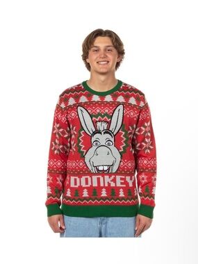 NWT Men's size S Red Donkey Holiday Sweater by Dreamworks roomy fit lightweight